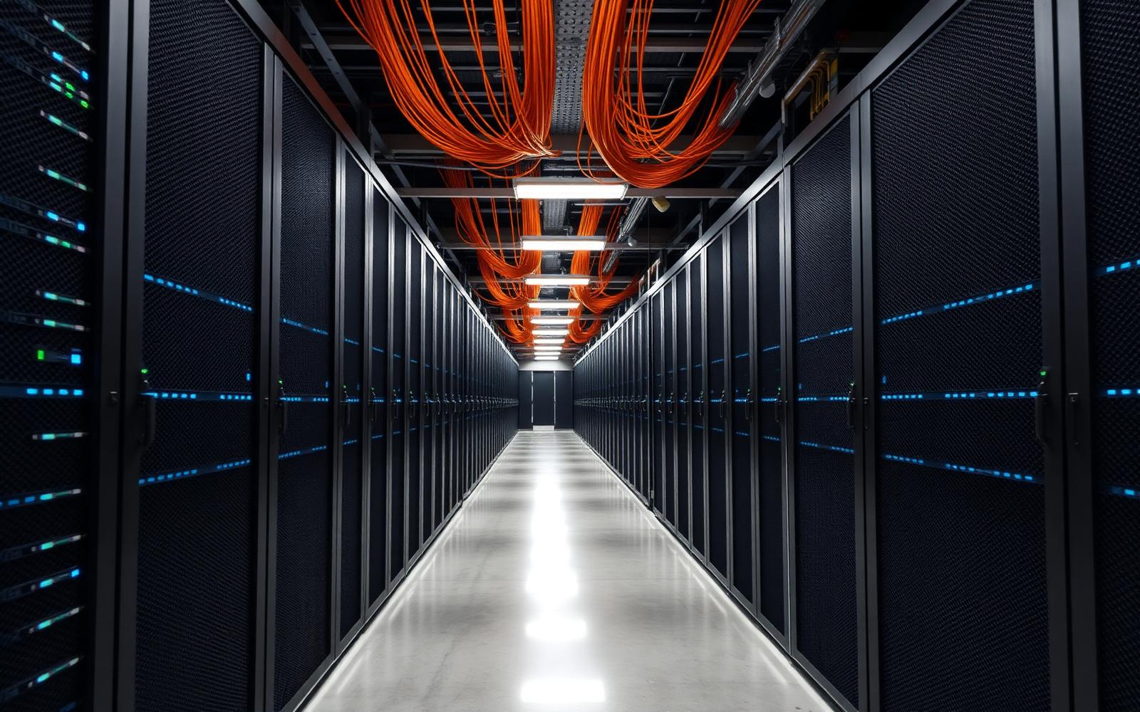 Data center aisle with structured overhead fiber tray in Orange County