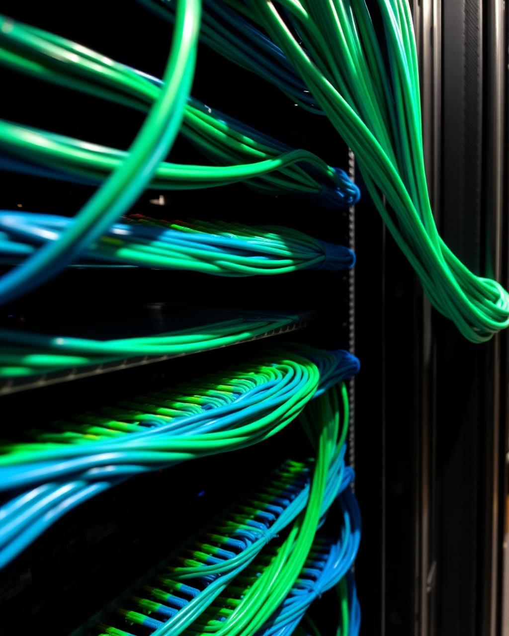 Structured Cat6 network cabling terminated in an Orange County server rack